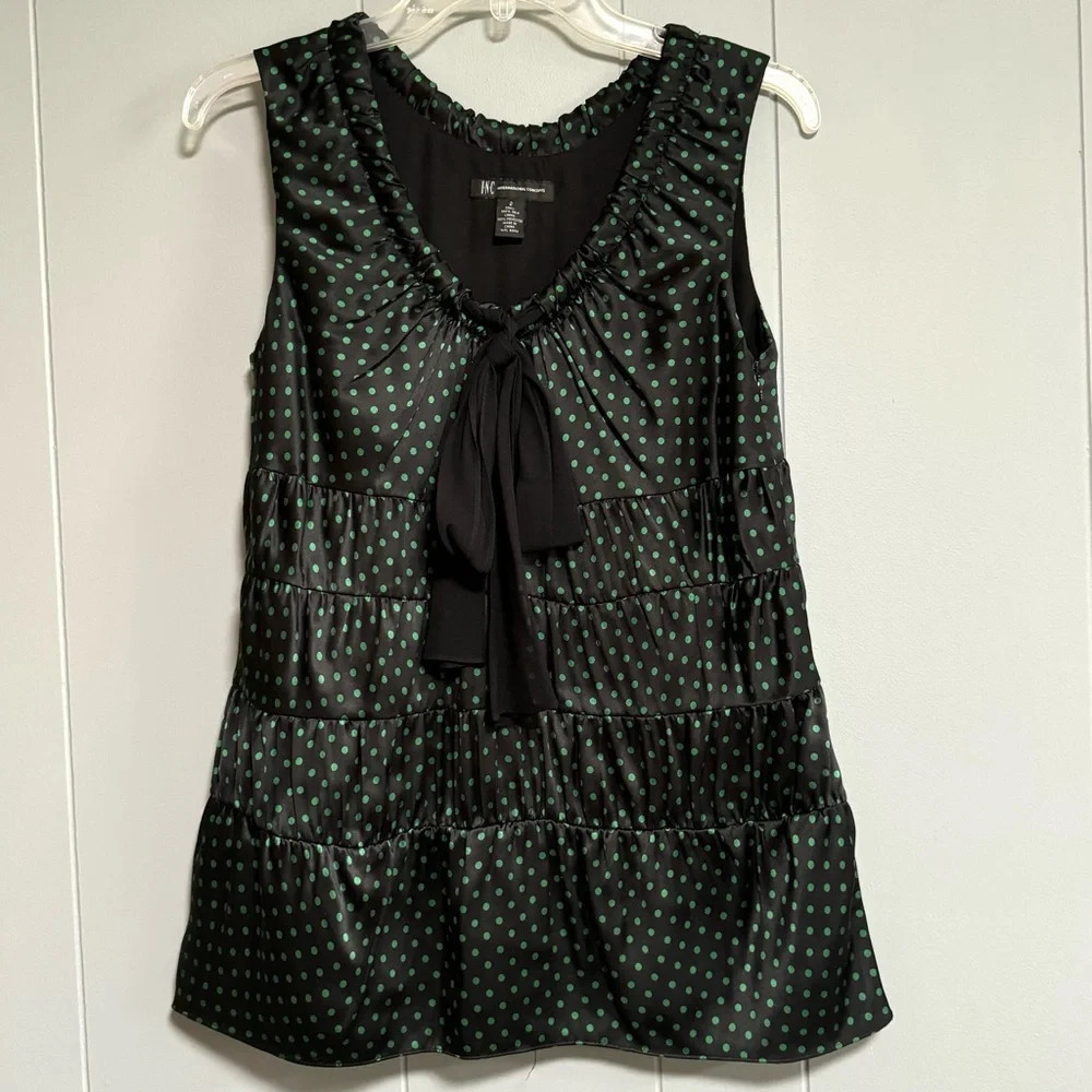 INC INTERNATIONAL CONCEPTS 100% Silk Sleeveless Top Black Green Polka Dots Sz 2